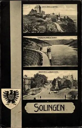 Wappen Ak Solingen in Nordrhein Westfalen, Schloss, Talsperre, Denkmal, Straßenbahn