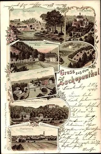 Mondschein Litho Frankenberg an der Zschopau Sachsen, Neudörfchen, Schloss Sachsenburg