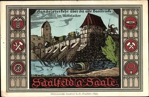 Passepartout Ak Saalfeld an der Saale Thüringen, Handelsverkehr über die alte Brücke im Mittelalter