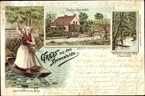 Litho Lübbenau im Spreewald, Spreewälderin, Forsthaus Kanowmühle, Waldpartie