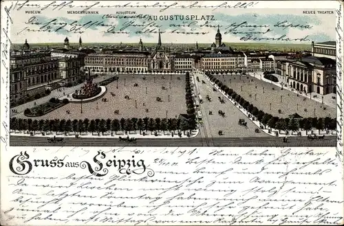 Litho Leipzig in Sachsen, Augustusplatz, Museum, Theater, Menderbrunnen