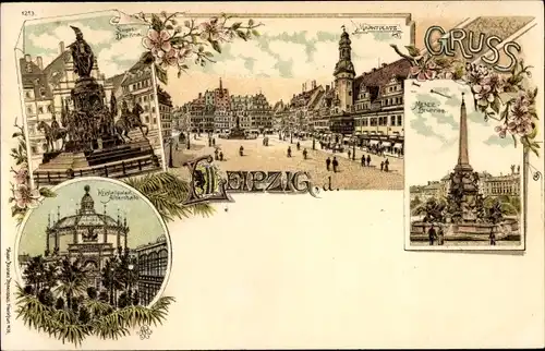 Litho Leipzig, Krystallpalast Alberthalle, Siegesdenkmal, Marktplatz, Mendebrunnen