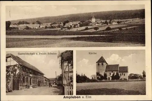 Ak Ampleben Kneitlingen am Elm Niedersachsen, Gesamtansicht, Gastwirtschaft Friedr. Schulze, Kirche