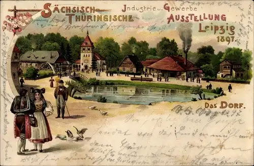 Litho Leipzig, Sächsisch Thüringische Industrie und Gewerbeausstellung 1897, Trachten, Dorf