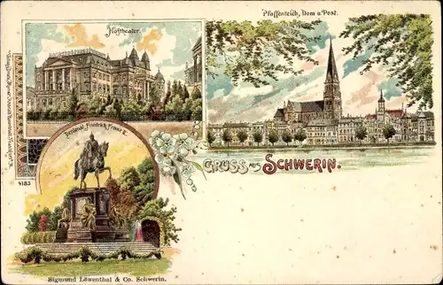 Litho Schwerin in Mecklenburg, Denkmal Friedrich Franz II., Hoftheater, Dom, Post, Pfaffenteich