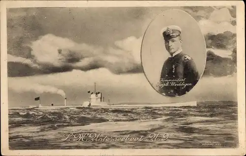 Ak Deutsches Kriegsschiff, U-Boot U9, Otto Weddigen, Kaiserliche Marine