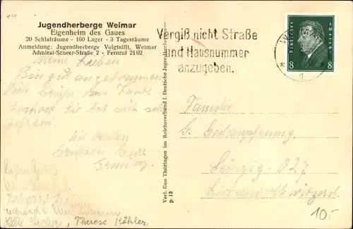 Ak Weimar in Thüringen, Jugendherberge, Admiral Scheer Straße 2