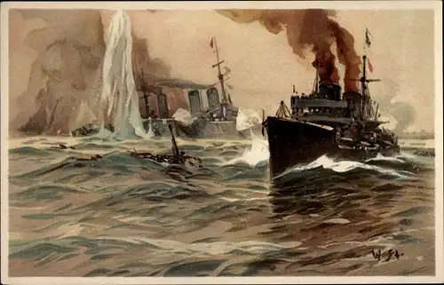 Künstler Ak Stöwer, W., Englisches Schlachtschiff wir von einem deutsche Torpedoboot torpediert