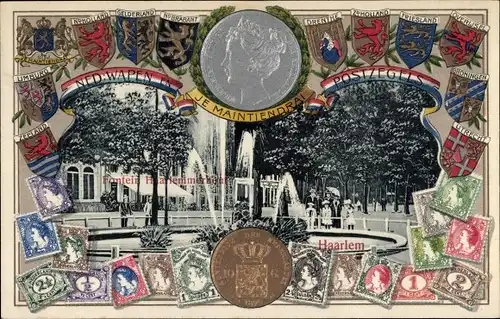 Briefmarken Wappen Präge Ak Haarlem Nordholland Niederlande, Wilhelmina, Fontein
