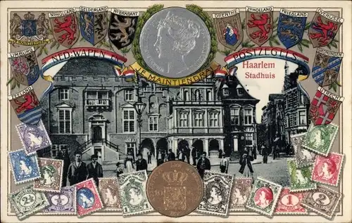 Briefmarken Wappen Präge Ak Haarlem Nordholland Niederlande, Stadhuis, Wilhelmina