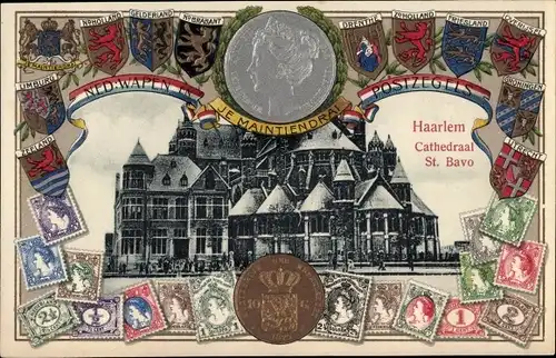 Präge Briefmarken Wappen Passepartout Ak Haarlem Nordholland Niederlande, Cathedral St. Bavo