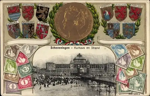 Präge Wappen Briefmarken Passepartout Ak Scheveningen Den Haag Südholland, Kurhaus, Strand