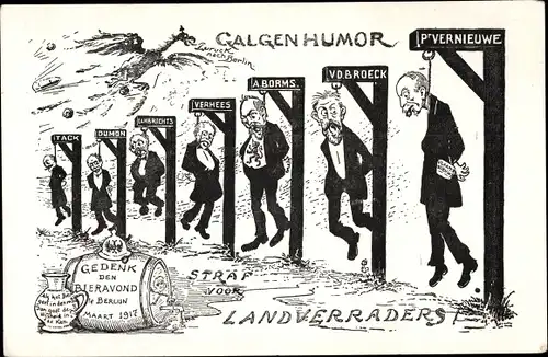 Ak Straf voor Landverraders, Galgenhumor, Vernieuwe, Broeck, Borms, Bieravond te Berlijn 1917