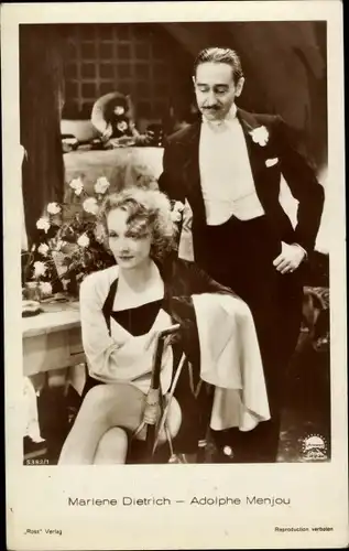 Ak Schauspielerin Marlene Dietrich, Schauspieler Adolphe Menjou