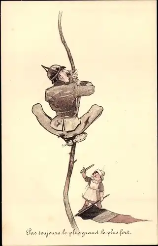Ak Pas toujours le plus grand le plus fort, belgische Karikatur, Kaiser Wilhelm II klettert auf Baum