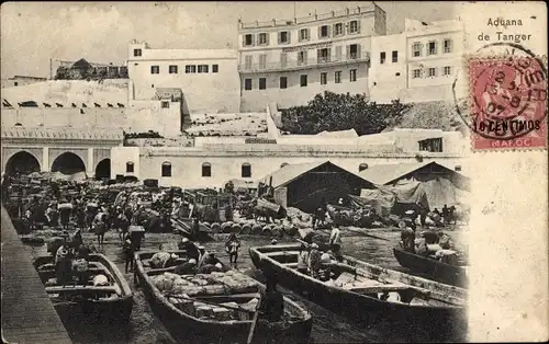 Ak Aduana de Tanger Marokko, Warenlager, Zoll, Lastboote, Gebäude