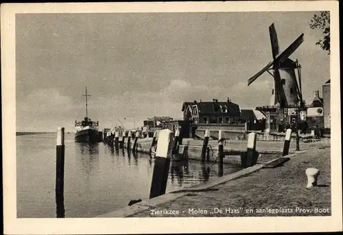 Ak Zierikzee Zeeland, Molen De Haas en aanlegplaats Prov. Boot