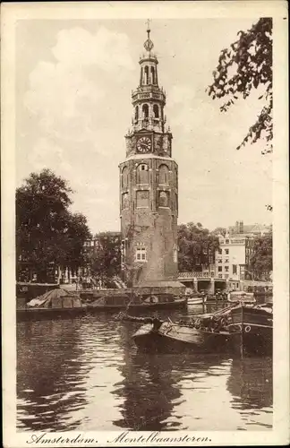 Ak Amsterdam Nordholland Niederlande, Montelbaanstoren, Boote, Uhrenturm