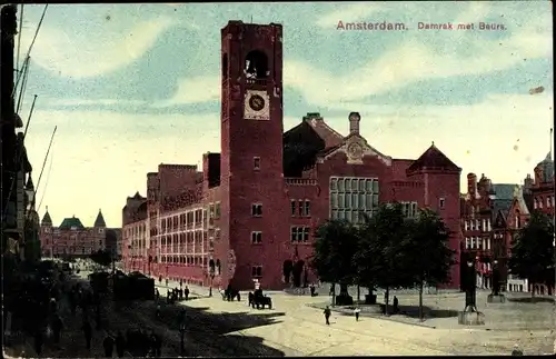 Ak Amsterdam Nordholland Niederlande, Damrak met Beurs