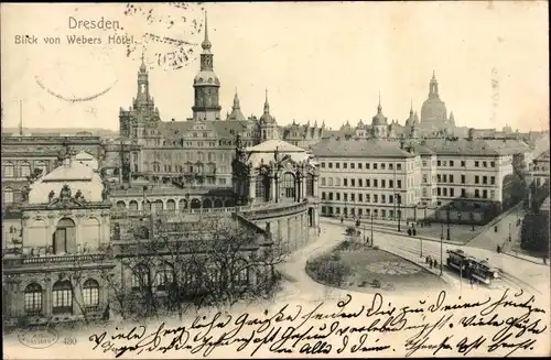 Ak Dresden Altstadt, Blick von Webers Hotel, Straßenbahn