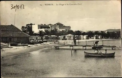 Ak Bizerte Tunesien, La Plage et le Contrôle Civil, Strand, Steg, Häuser