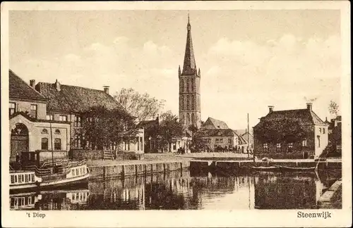 Ak Steenwijk Steenwijkerland Overijssel, 't Diep, Teilansicht mit Kirche