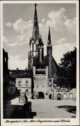 Ak Burgstädt, Alter Seigerturm und Kirche, Straße