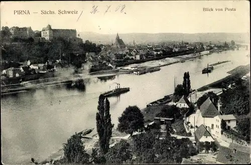 Ak Pirna Sächs. Schweiz, Blick von Posta, Dampfer
