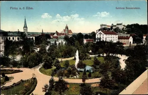 Ak Pirna an der Elbe, Schloss Sonnenstein, Fontäne, Kirchturm