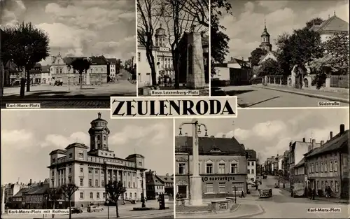 Ak Zeulenroda, Rosa Luxemburg Platz, Karl Marx Platz, Südstraße, Denkmal