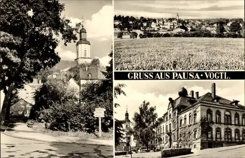 Ak Pausa Vogtland, Kirche, Wiese, Stadthaus, Straße