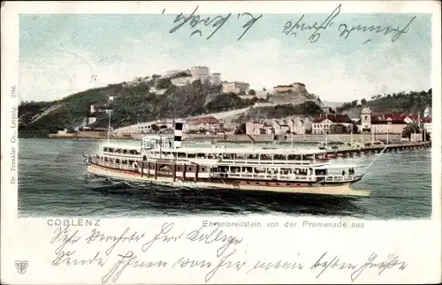 Ak Koblenz am Rhein, Ehrenbreitstein von der Promenade aus, Schiff, Wasserpartie