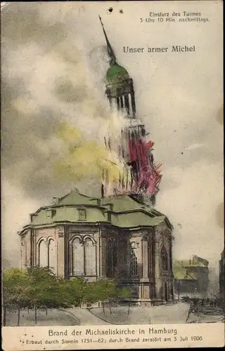 Ak Hamburg Mitte Neustadt, Michaeliskirche, Kirche St. Michaelis, Michel, Brand, Einsturz des Turmes