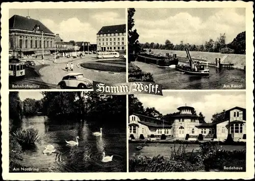 Ak Hamm in Westfalen, Bahnhofsplatz, Kanal, Badehaus, Nordring