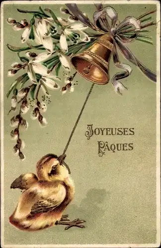 Präge Litho Glückwunsch Ostern, Küken läutet Glocke, Weidenkätzchen, Schneeglöckchen