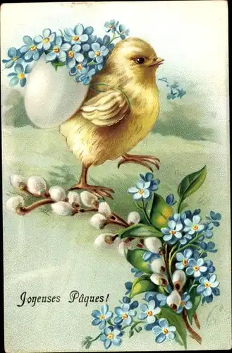 Präge Ak Glückwunsch Ostern, Küken mit Ei auf dem Rücken, Weidenkätzchen, Vergissmeinnicht