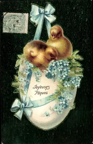 Präge Litho Glückwunsch Ostern, Küken,Osterei, Vergissmeinnicht