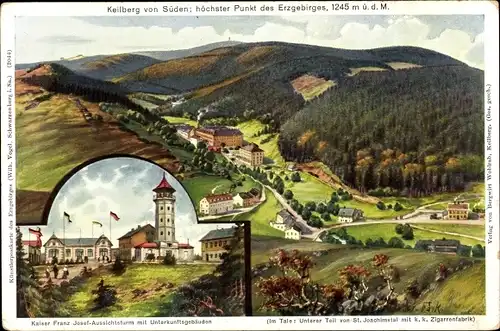 Künstler Ak Klínovec Keilberg Erzgebirge Region Karlsbad, Kaiser Franz Josefs Aussichtsturm