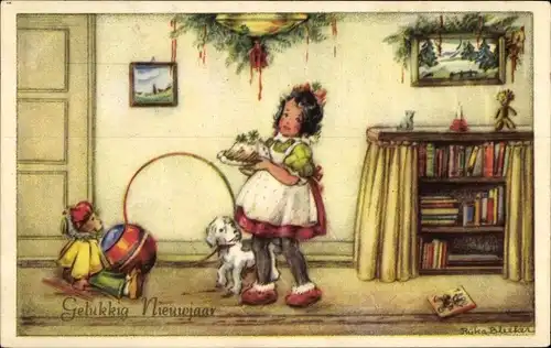 Künstler Ak Bleeker, R., Glückwunsch Neujahr, Mädchen, Spielzeuge, Hula-Hoop, Puppe, Kuchen
