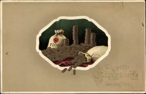Präge Passepartout Ak Glückwunsch Neujahr, Geldsäcke, Münzen