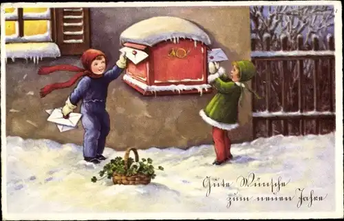 Ak Glückwunsch Neujahr, Kinder am Briefkasten, Briefe, Glücksklee