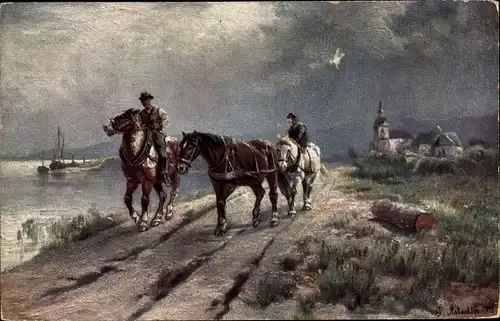 Künstler Ak Männer zu Pferden, Straße, Im Hintergrund Dorf, Boot
