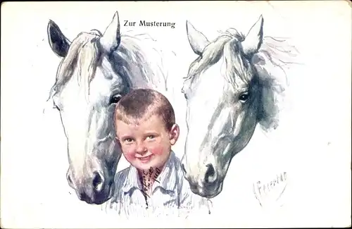 Künstler Ak Feiertag, K., Zur Musterung, Junge, Zwei weiße Pferde