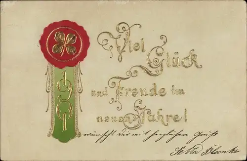 Präge Ak Glückwunsch Neujahr 1901, Uhr, Glücksklee