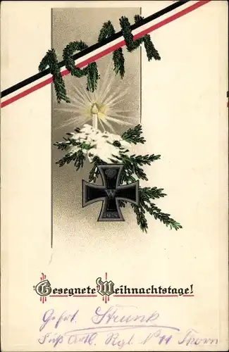 Präge Ak Glückwunsch Weihnachten, EK an Tanne, 1914