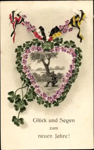 Ak Glückwunsch Neujahr, Waffenbrüderschaft, Glücksklee, Blumen