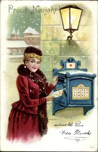 Litho Prosit Neujahr, Frau wirft am Briefkasten Post ein, Laterne, Schnee