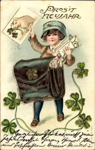 Litho Glückwunsch Neujahr, Briefträger, Schwein, Glücksklee