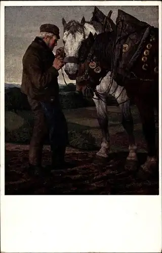 Künstler Ak Altheim, Wilhelm, Feierabend, Mann mit Pferden