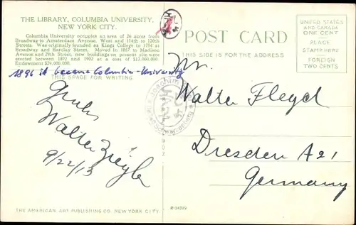 Ak New York City USA, Columbia University, The Library